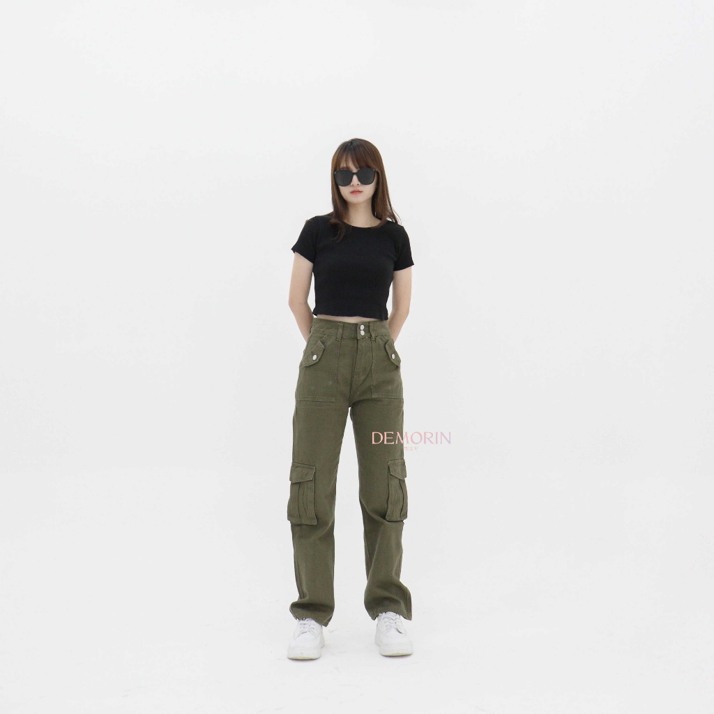 DEMORIN - Celana Highwaist Cargo Jeans Straight Bawahan Wanita X56 Army