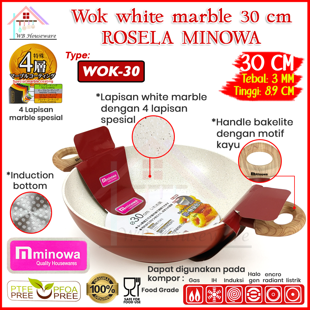 MINOWA wok 30cm white marble series rosela ceramic anti lengket / wajan kuping / panci penggorengan 