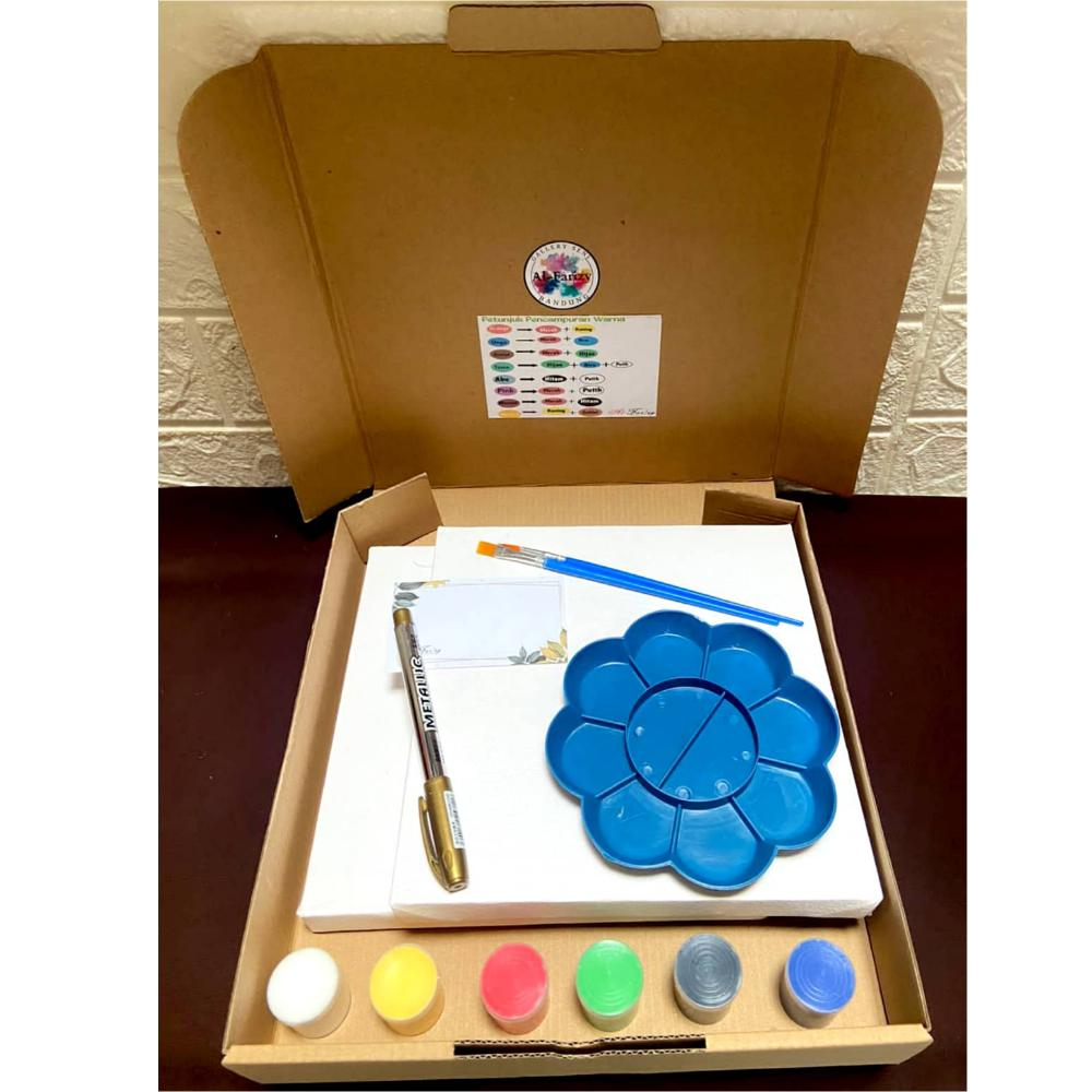 

2 Buah Kanvas Lukis Ukuran 20x20 cm lengkap dengan cat akrilik 6 warna, 2 Kuas, Palet Bonus Spidol