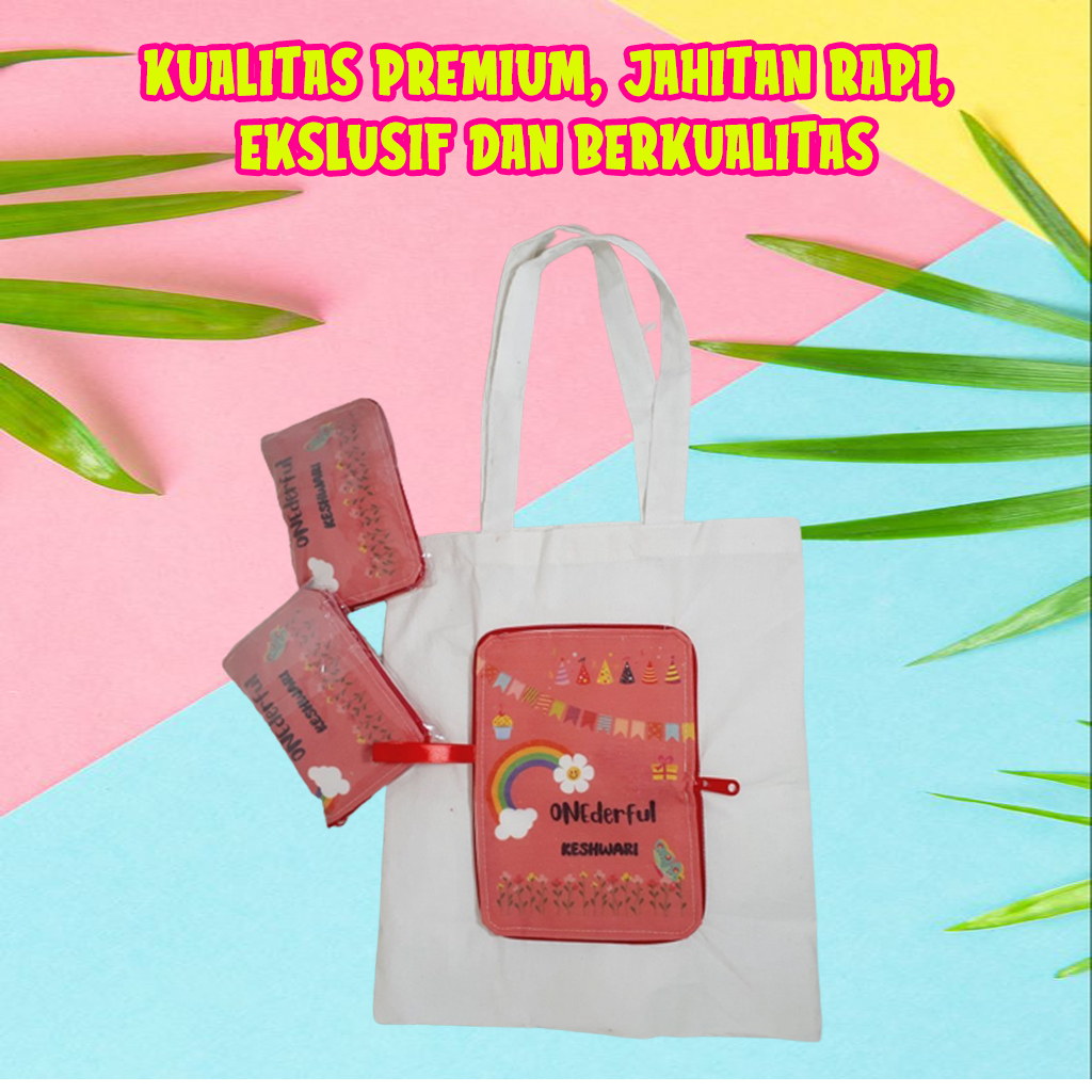 Souvenir Ultah Foldable Tote Bag Tas Lipat Blacu Perekat Custom