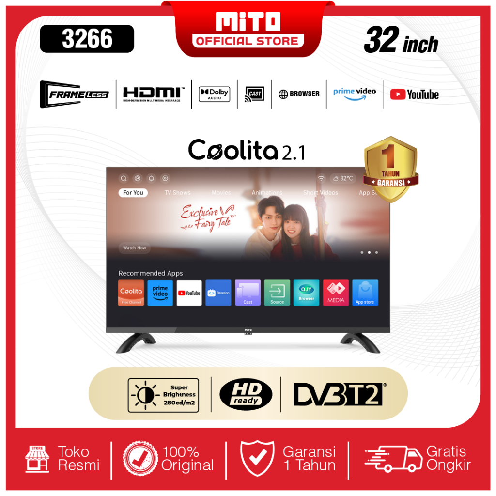 MITO Smart LED TV 3266 32 Inch - OS Coolita 2.1 - HD Ready / DVB T2  / Dolby Audio / YouTube / Prime