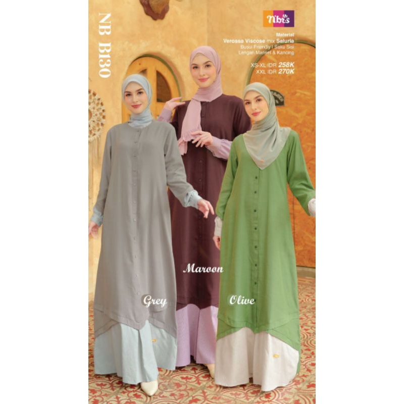 Nibras Gamis NB B130/ NBB 130 Grey, Olive dan Maroon