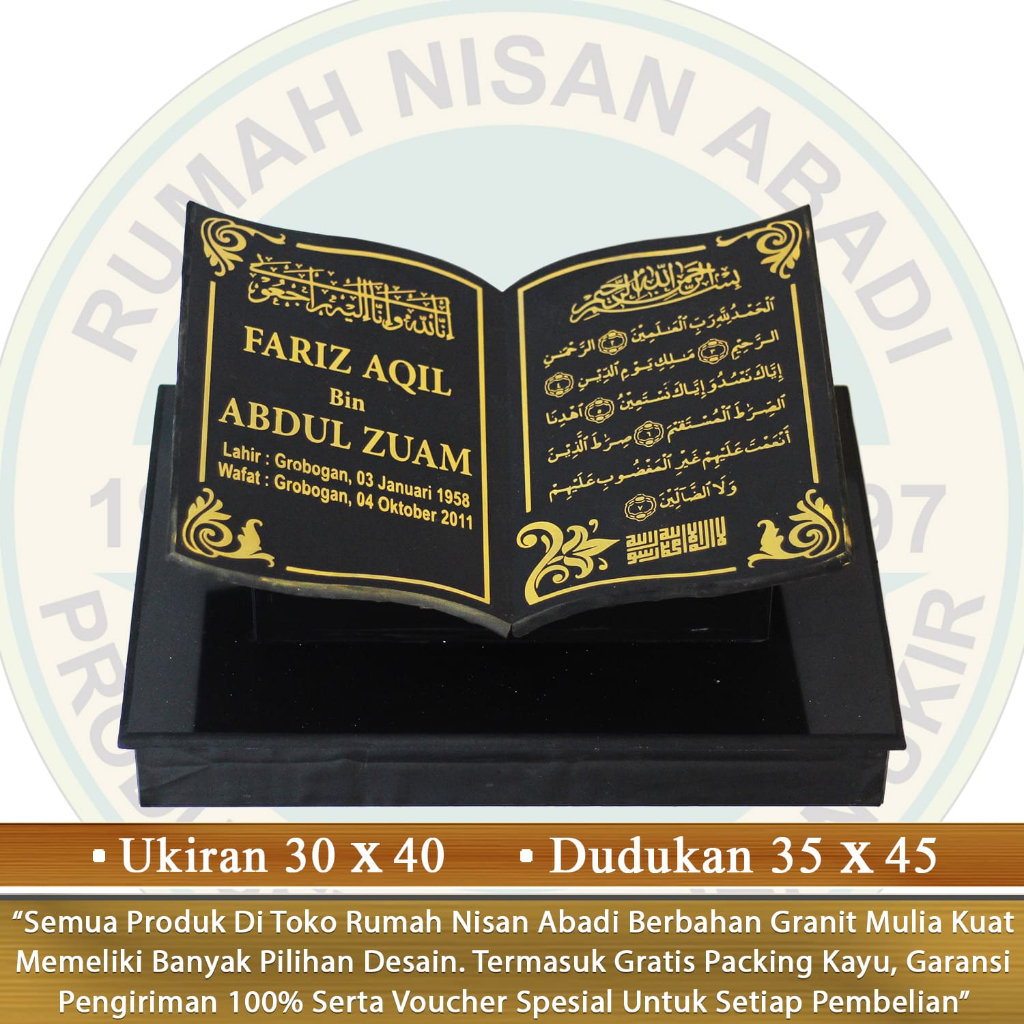 Batu Nisan Granit Makam Bentuk Model Buku Alquran Full Dudukan Lengkap Set Maesan Kijing Kuburan