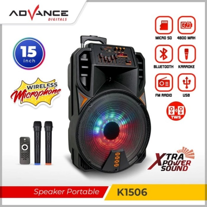 SPEAKER BLUETOOTH PORTABLE ADVANCE 15 INCH K1506 BONUS 2 MIC WIRELESS SUPER BASS / SPEAKER SALON AKT