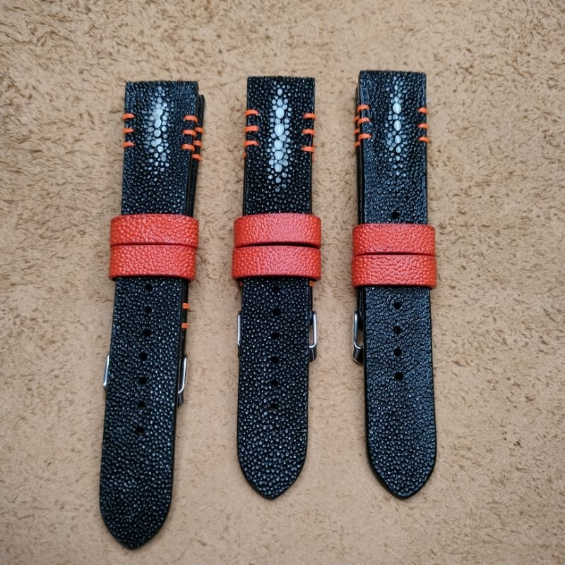 leather watch strap stingray DDBO l  strap jam kulit ikan pari dobel diamond black dengan aksen oren