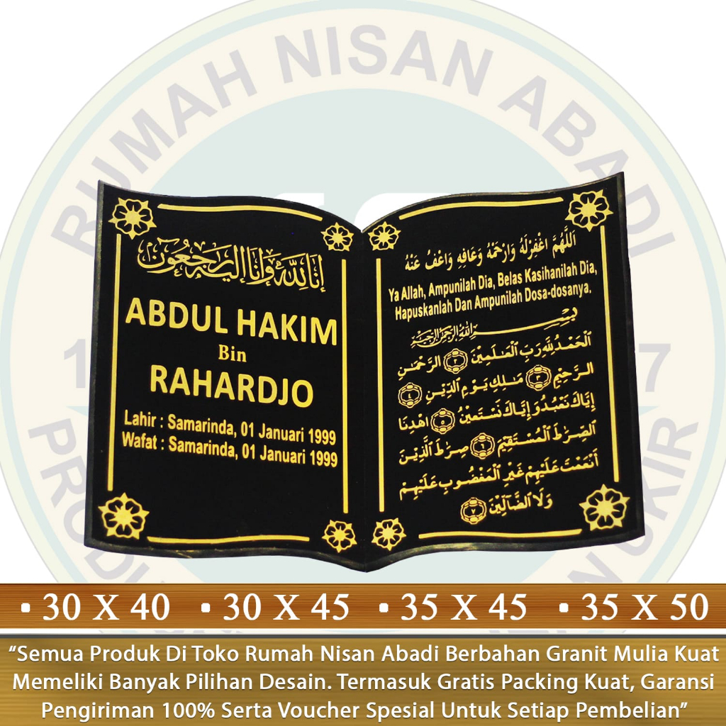 Prasasti Tulisan Papan Nama Batu Nisan Makam Granit Ukiran Model Bentuk Buku Alquran Maesan Kijing K