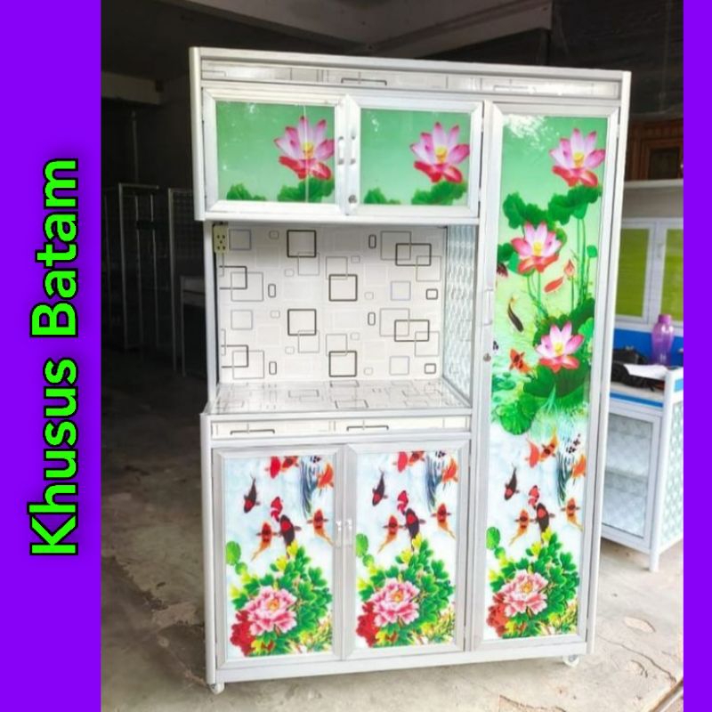 Rak piring 3pintu beroda keramix box-kaca motif sticker /lemari dapur/lemari piring[KHUSUS BATAM]