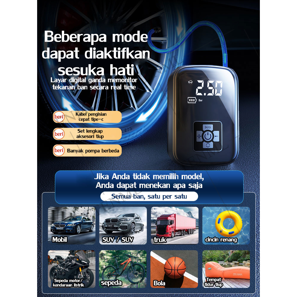 cuci gudang pompa ban mobil truk motor elektrik cek tekanan kompresor mini angin digital 80000mah