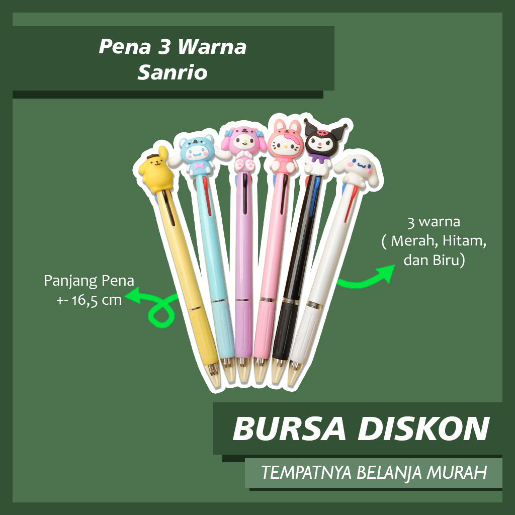 

Pena 3 Warna Sanrio Pulpen Pen Bolpen Bolpoint Gelpen Tinta Pulpen Pom Purin Cinnamoroll My Melody Hello Kitty Pulpen Lucu