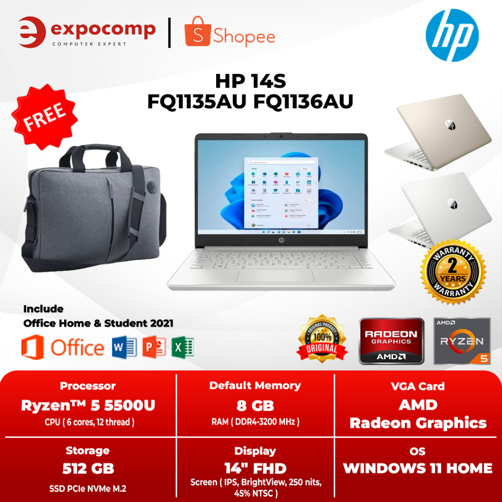 Hewlett Packard HP 14s fq1135AU fq1136AU AMD RYZEN 5-5500U 8GB 512GB W11+OHS