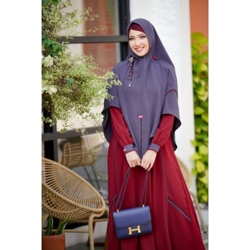 Aulia Fashion Set Gamis Maira Maroon Dark Grey Series