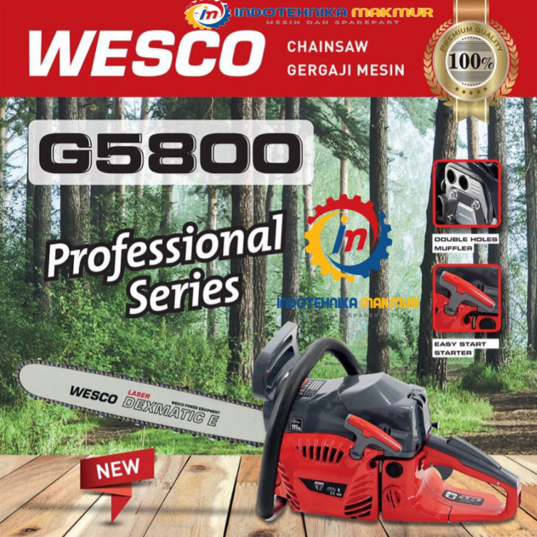 Gergaji Mesin Senso Bensin Chainsaw Mini Potong Kayu Bar 22 inch WESCO G5800