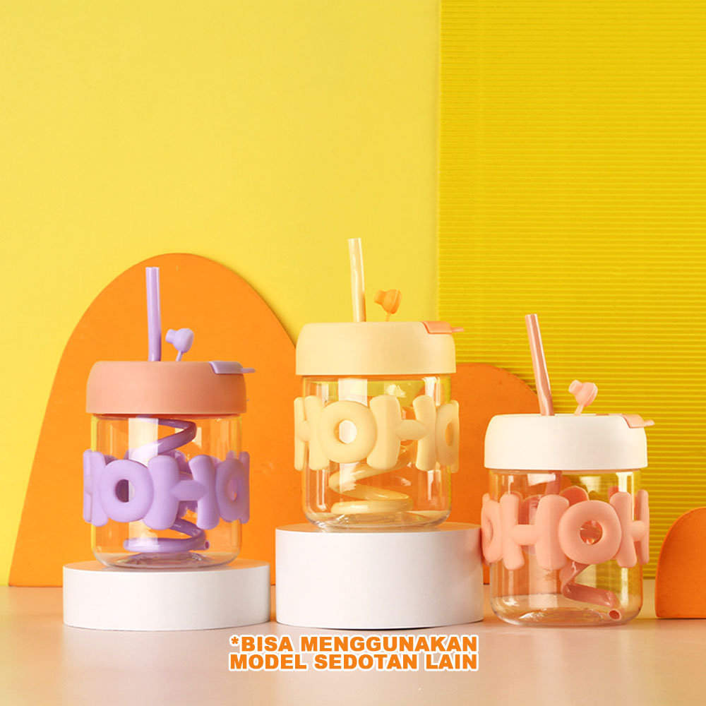 Gelas Kaca HoHo Free Sedotan Dua MODE Minum Bisa Minum Langsung Dan Minum Dengan Sedotan BMK72HO - T