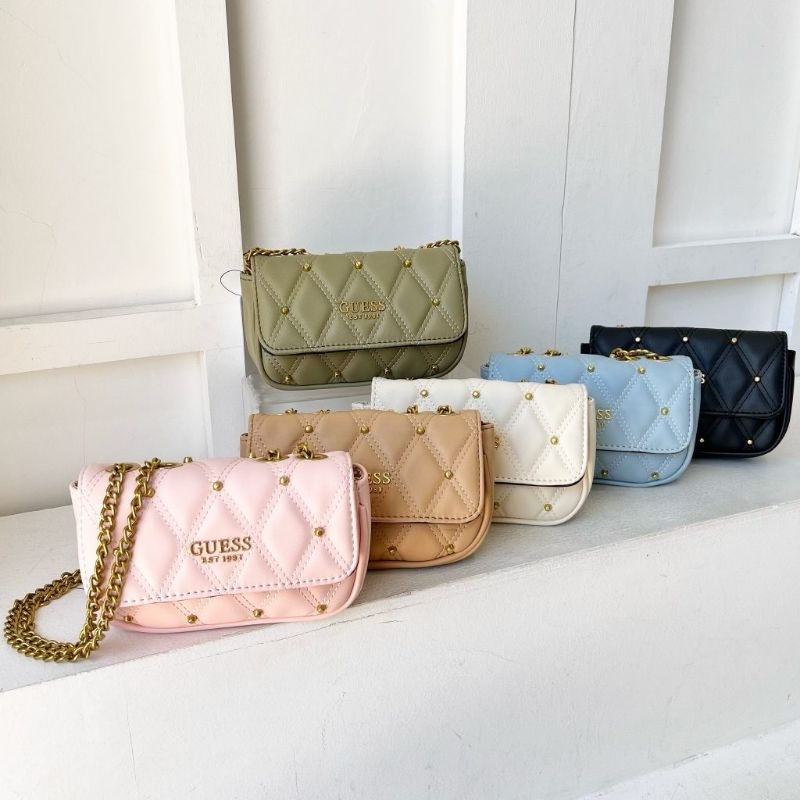 PROMO SALE Tas Guess mini selempang bahu jinjing rantai pink biru hijau hitam putih nude