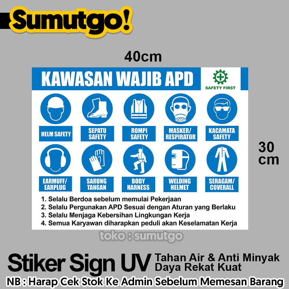 

Stiker Aturan & Tata Cara Kawasan Wajib APD Alat Pelindung Diri uk 40 x 30 cm / Sticker UV Tanda Label Awas Warning Sign Rambu K3 Safety Keselamatan Kerja Tahan Air Tahan Minyak