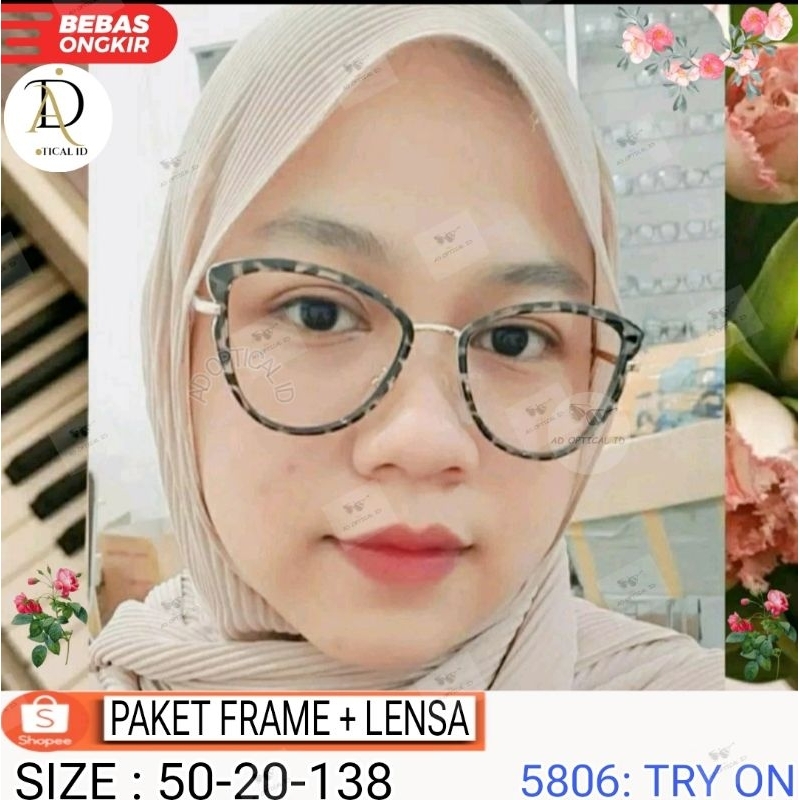 AD Frame Kacamata Cat Eye Wanita 5806 Gratis Lensa Minus&Cyl Photocromic,Blueray,Bluecromic | Kacama
