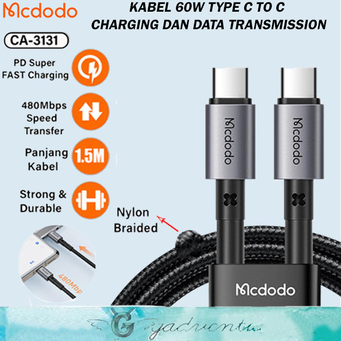 MCDODO CA-3131 Kabel Data Charger Usb Type C To Type C Pd Fast Charging 65w For Macbook Ipad Air Pro