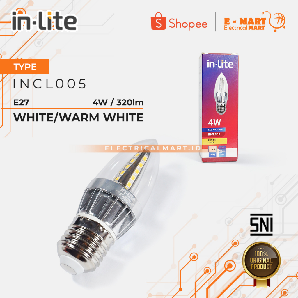 INLITE Led CANDLE 4Watt E27 Inlite Candel E27 WarmWhite/Putih 4 W