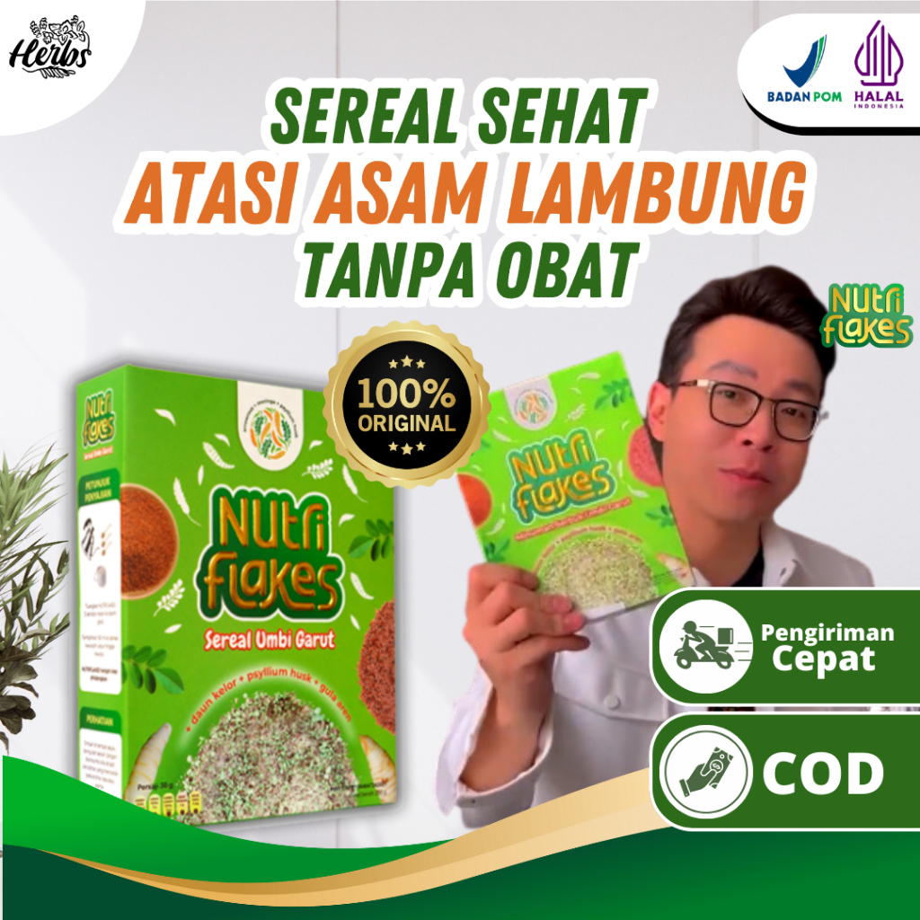 

NUTRIFLAKES - Original 100%. Sereal Umbi Garut Ekstrak Daun Kelor. Suplemen Makanan Diet. Ampuh Atasi Asam Lambung, Gerd, dan Maag. Bantu Kontrol Kolesterol.