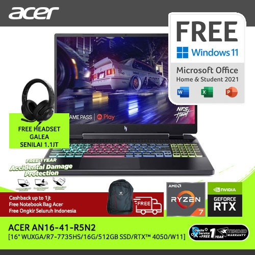 ACER LAPTOP NITRO 16 AN16-41-R5N2 16 AMD R7-7735HS 16GB 512GB RTX4050 ACER OFFICIAL STORE