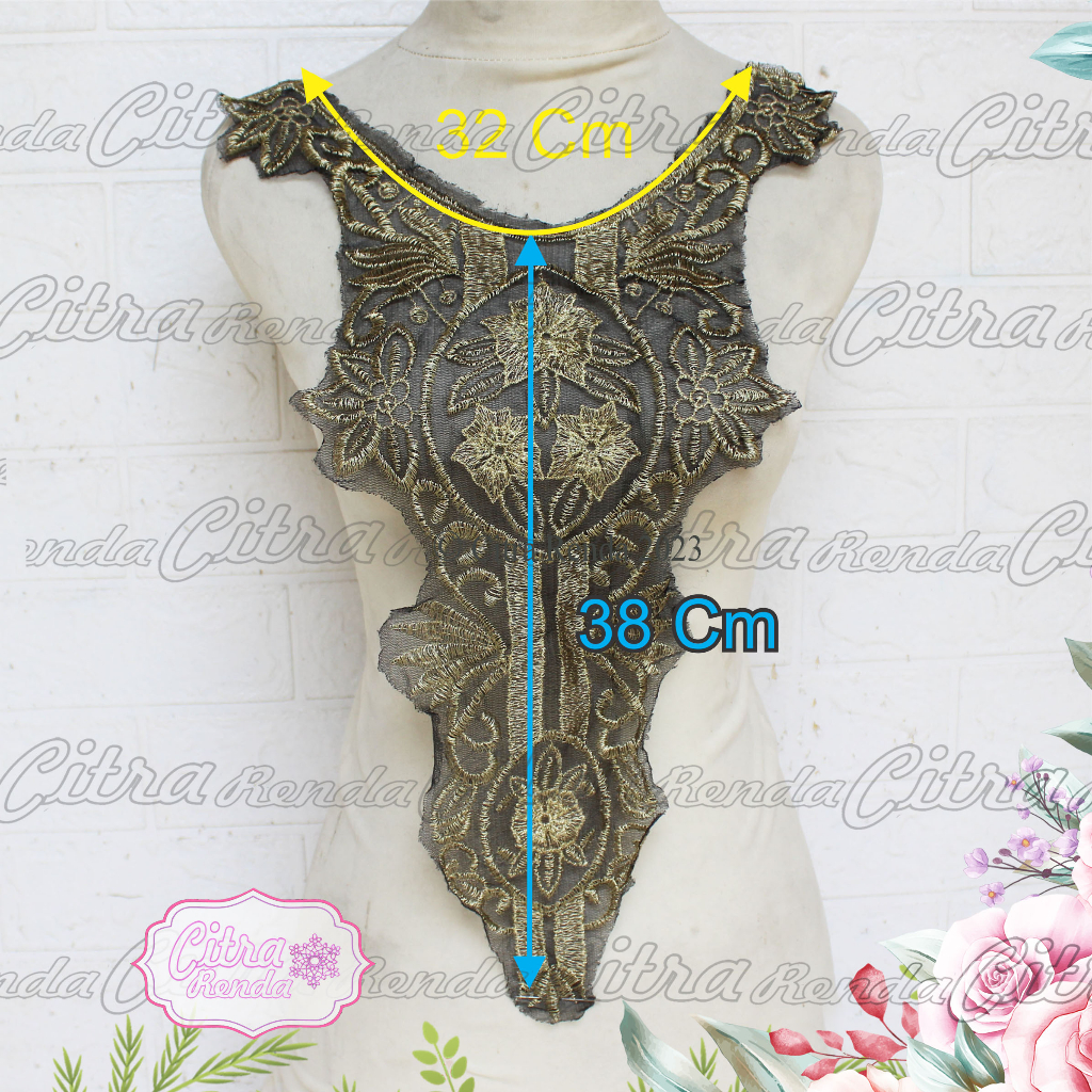 (Per Pcs) AP578 Bordir Aplikasi Tempel / Renda Leher / Aplikasi Kerah Cantik Gold