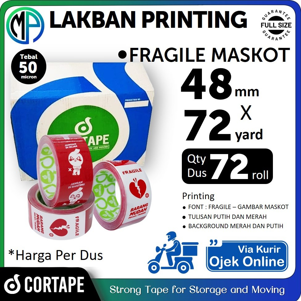 Lakban Selotip Grosir Cortape Printing Fragile Maskot 2inch 45mm x 72yard HARGA PER-DUS (VIA GOJEK)