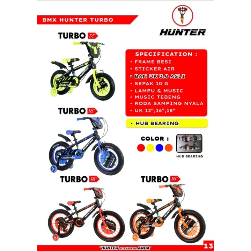 SEPEDA ANAK COWO BMX 12 / 16 / 18 INCH HUNTER TURBO BAN 3.0 STIKER AIR RODA SAMPING NYALA LAMPU MUSI