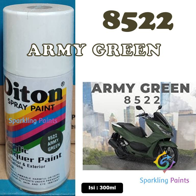Pilox Diton Army Green 8522 300ml Warna Hijau Armi Tentara TNI Gelap Sepeda Motor Mobil Velg Mesin H