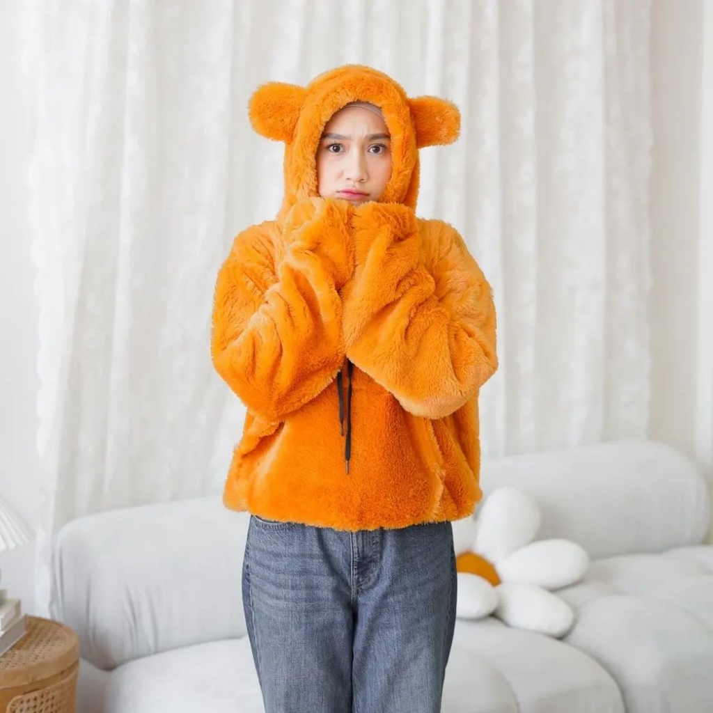 Hoodie Sherpa Wanita Kekinian Bahan Tebal ALL Sherpa Bulu  Black  Mat:sherpa bulu