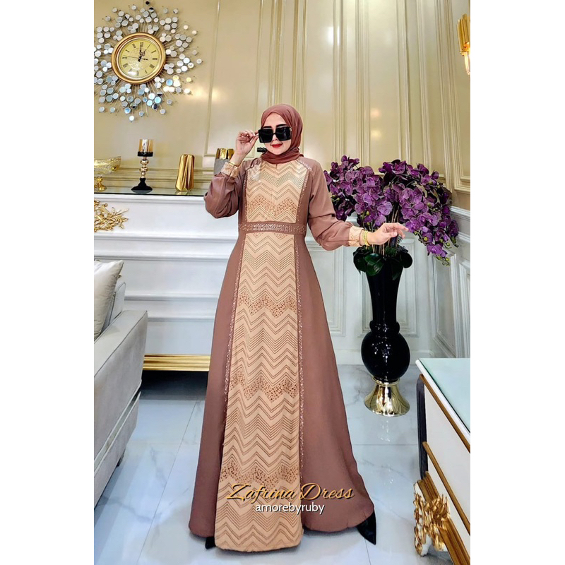 Terbaru Zafrina Dress Amore By Ruby Gamis Brukat Swarovsky Mewah Busui Friendly All Size Wudhu Able
