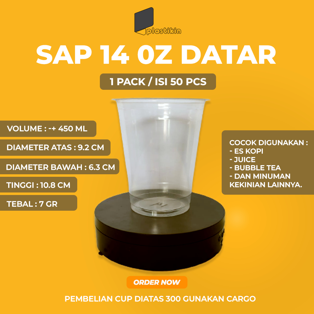 SAP 14 OZ DATAR / GELAS PLASTIK 14 OZ / GELAS PLASTIK DATAR BENING