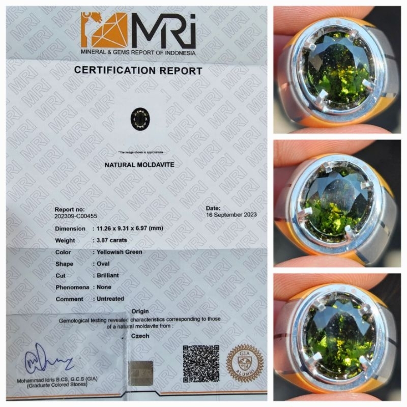 Natural Rare Gemstone Moldavite Czech Sertifikat 3.87 crt