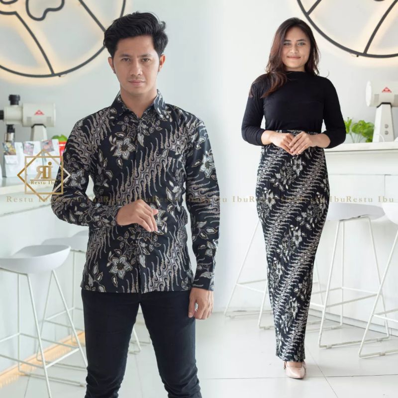 BAJU BATIK COUPLE PASANGAN DEWASA CEWEK COWOK / ROK PLISKET INSTAN / ROK SERUT KEMEJA BATIK PANJANG 