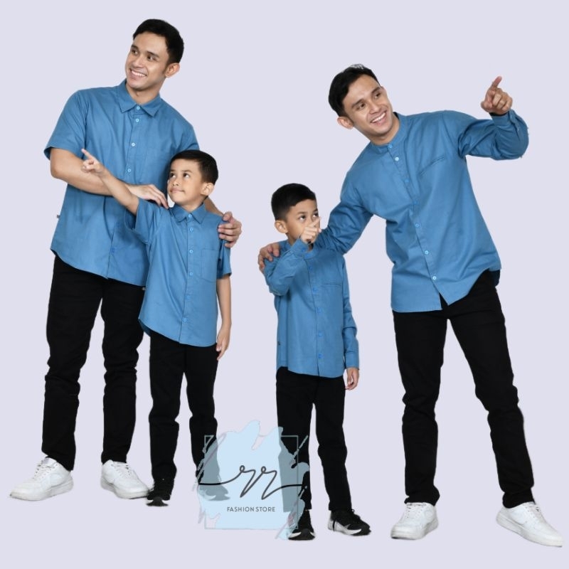 KEMEJA KOKO ANAK COUPLE AYAH KATUN PREMIUM POLOS WARNA BIRU DENIM