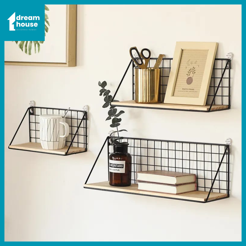 Rak Dinding Tempel Minimalis Gride Wire Ram Kawat Tempat Hiasan Gantungan Dekorasi  + Papan, Baut Da