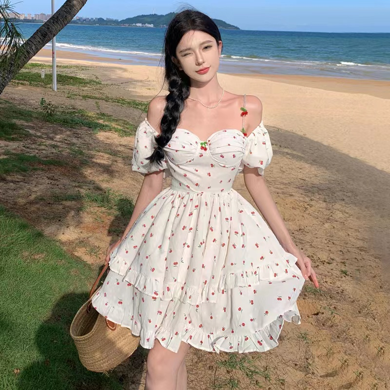 READY STOCK SAF - CHERRY white sabrina mini dress woman premium / coquette dress / korean summer dre