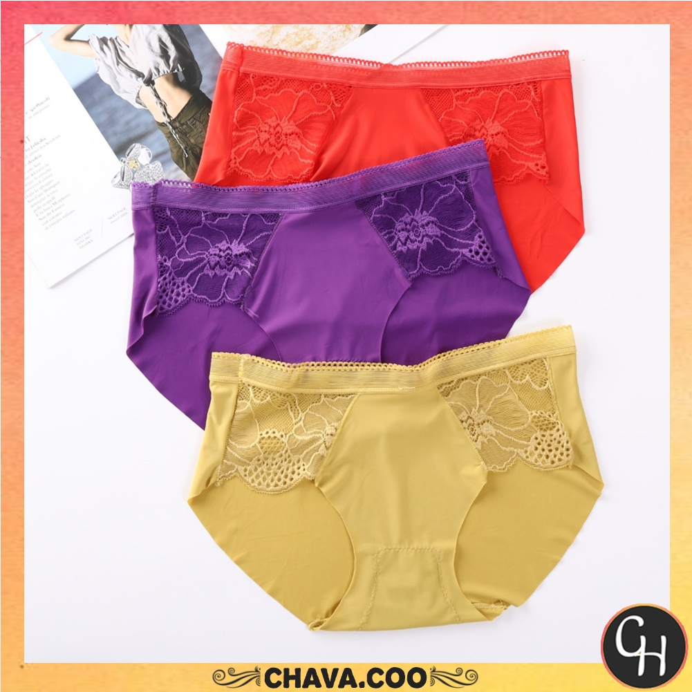 CHAVA | CD8425 Cd Celana Dalam Wanita Seamless Motif Bunga Renda Bahan Satin Undies Seamles Cantik