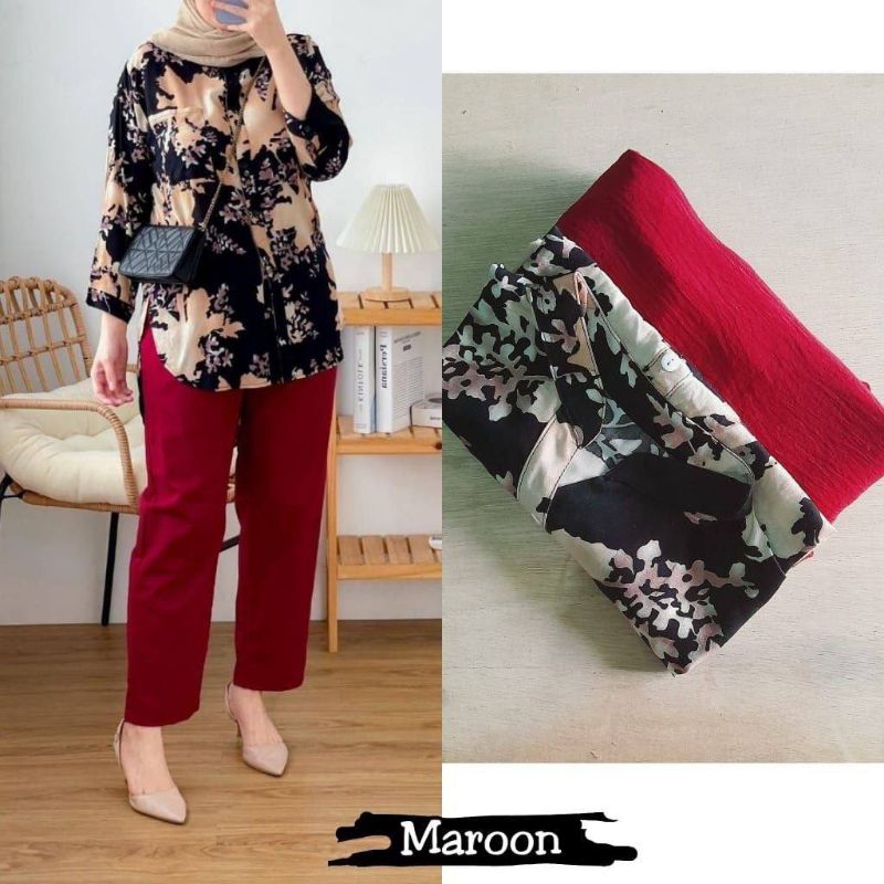 Oneset KAMELA DAUN /Setelan kemaja wanita motif daun/ kemeja kerja /kemeja santai /kemeja wanita