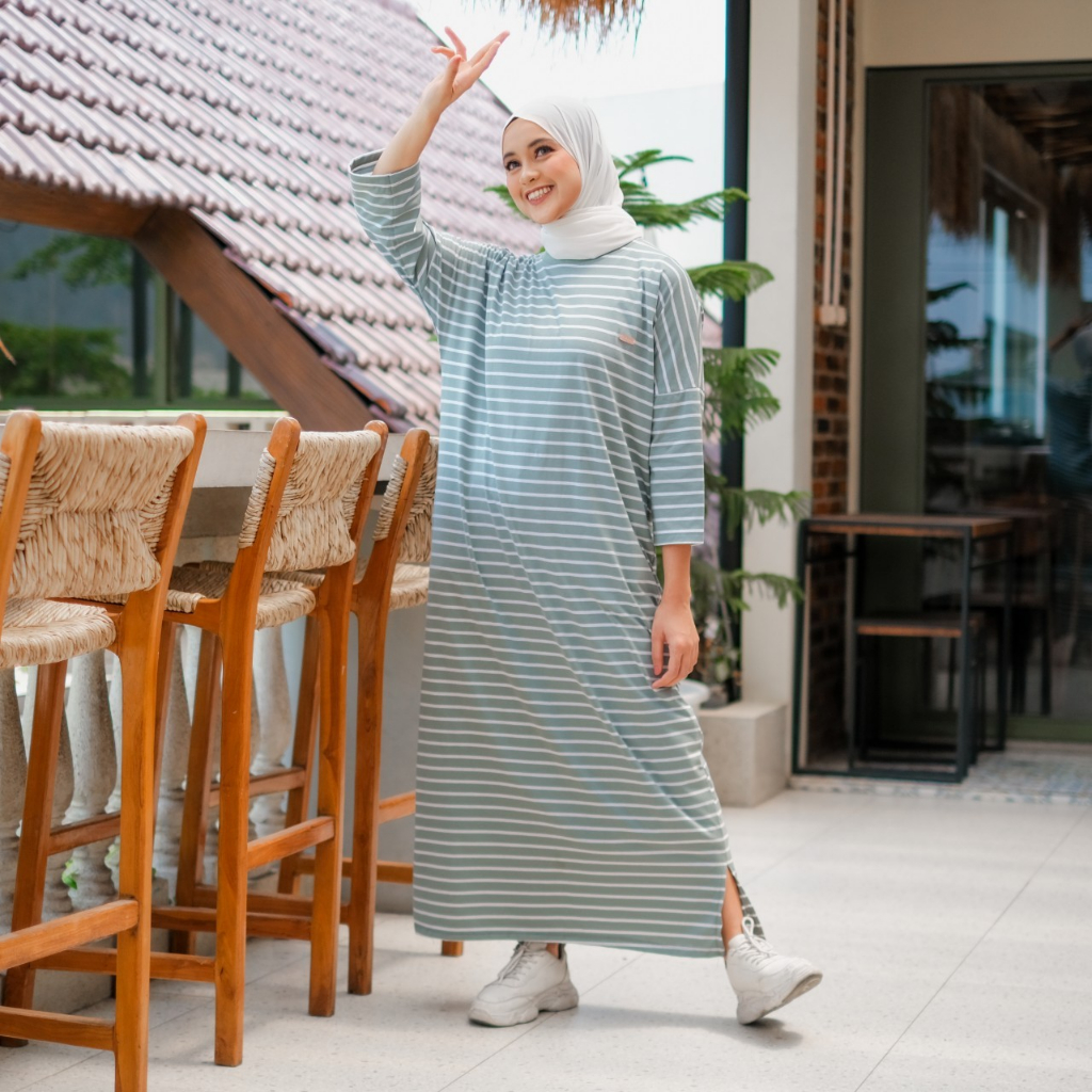 Zicthelable Gamis Kaos Wanita Dress Casual Garis-Garis Bahan Catton Premium