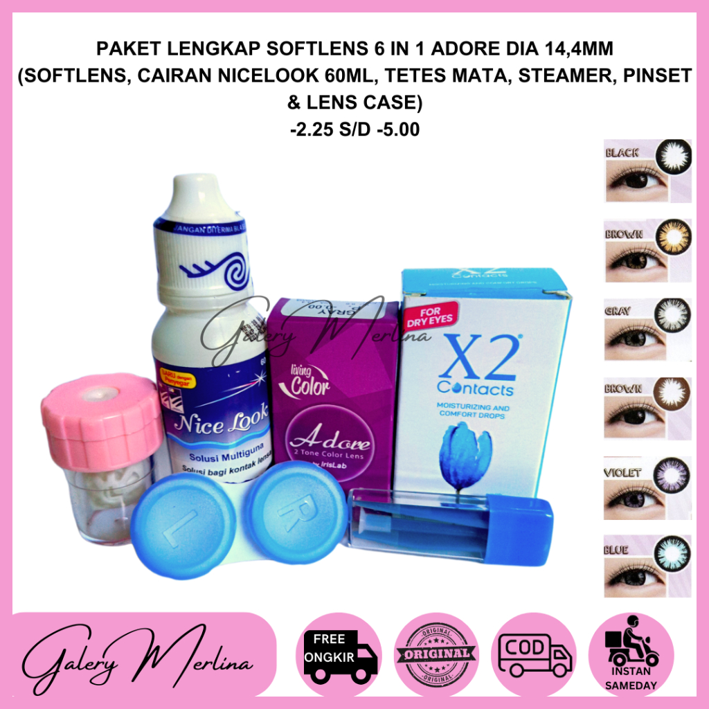 PAKET SOFTLENS 6IN1 ADORE 1 TONE  & 2 TONE DIA 14,4 mm MINUS -2.25 S/D -5.00 / SOFTLEN + CAIRAN NICE