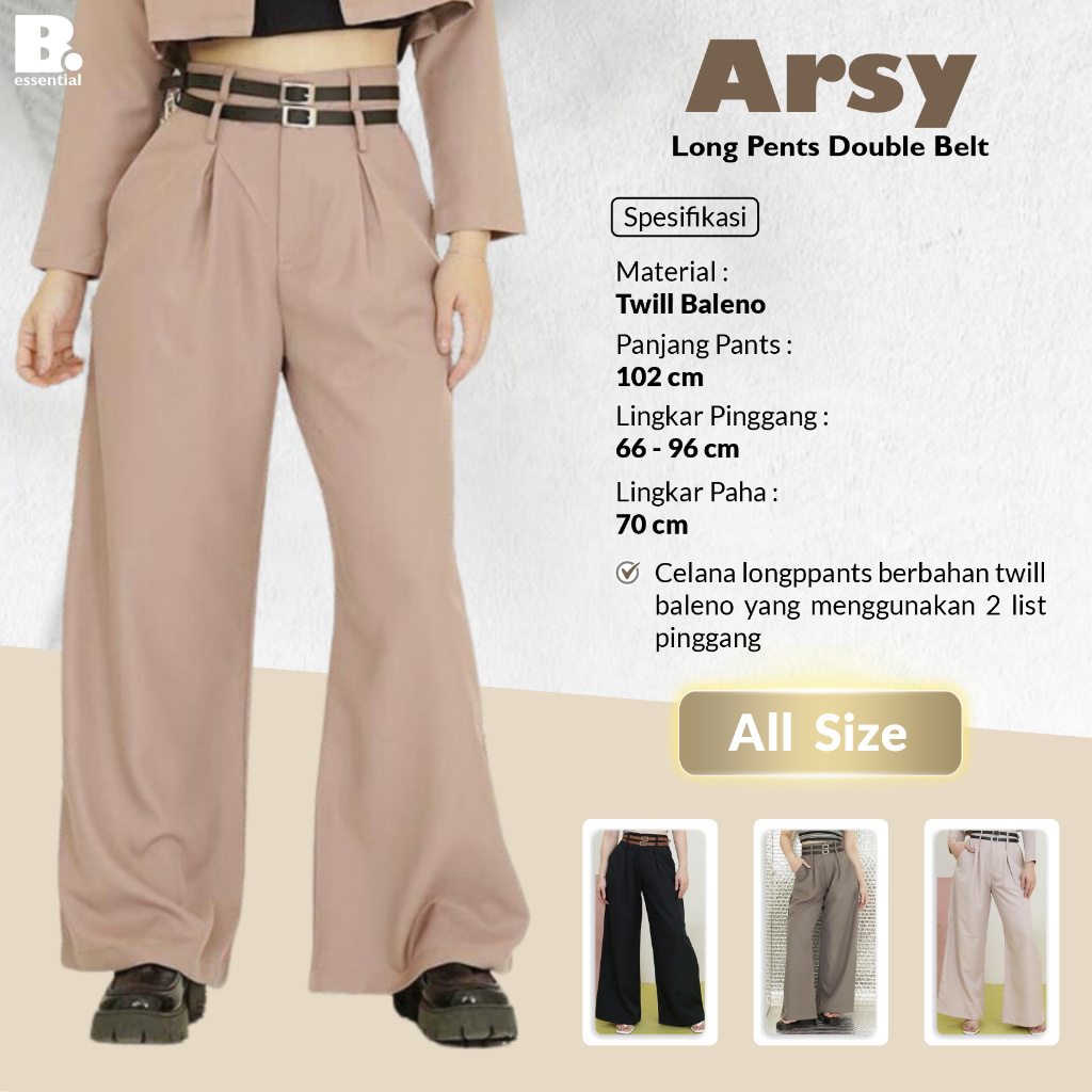 Celana Panjang Long Pants Arsy Double Belt Bahan Twill Baleno Feminim Casual Style Dua Ikat Pinggang