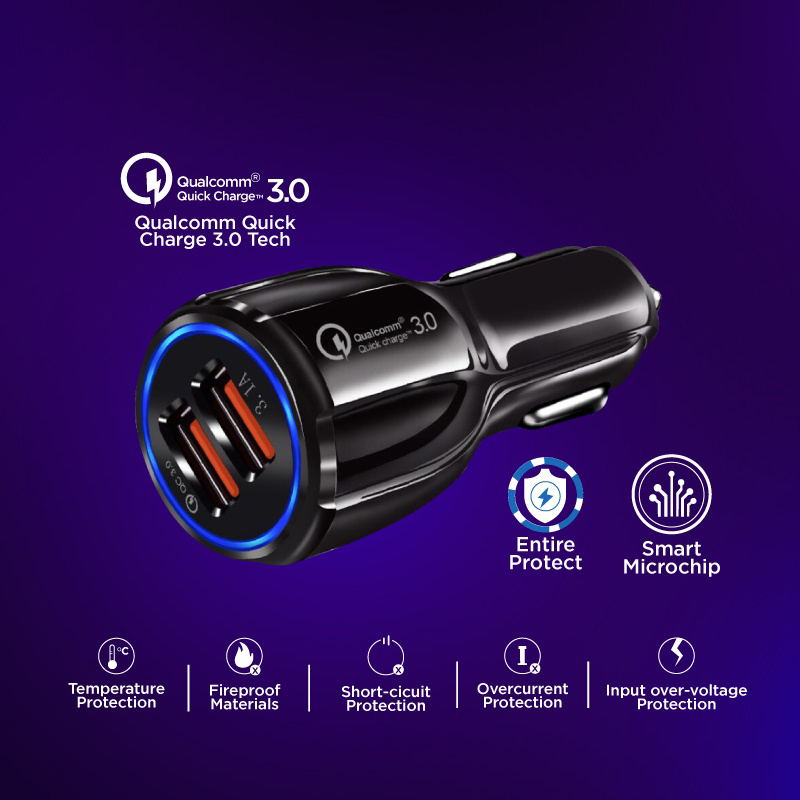 [Dikirim dr jakarta+COD]Qualcomm 3.0 Charger Mobil Quick Car Charger Cas Hp Mobil Motor Fast Charging 2 USB