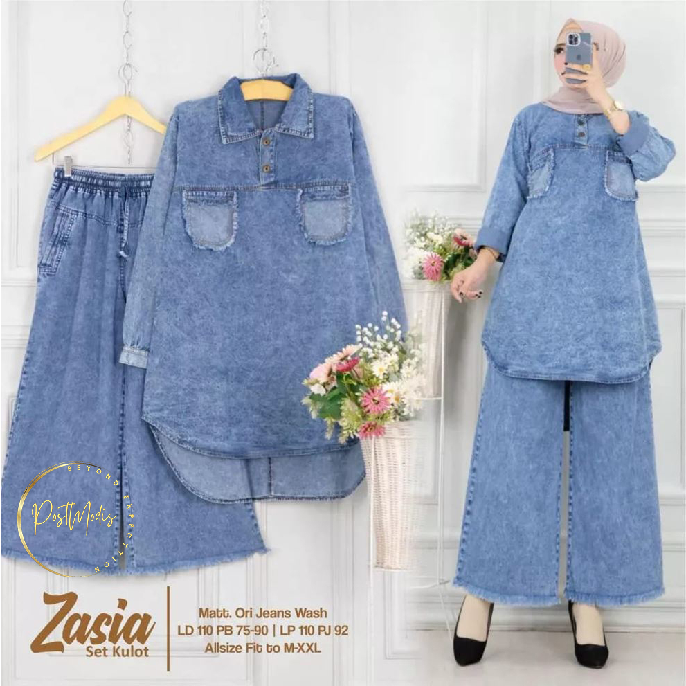 Zasia Set Jeans Setelan Marvien Tunik dan Kulot Rawis Snow Biru dan Hitam FT