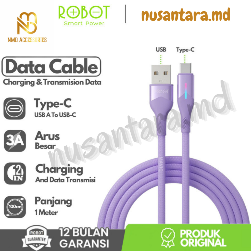 ROBOT RFC100 KABEL DATA TYPE-C 3A RGB LIGHT 1M PURPLE //ROBOT RFC100 Cable Kabel Data Fast Charging 