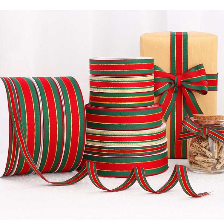 

[1Roll 25Yard ] Pita Kado Natal Merah Hijau Gold Stripe Christmas Ribbon 1 Roll