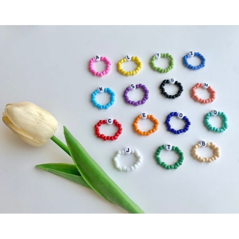 cincin manik huruf, cincin manik inisial, cincin korea, ring beads huruf