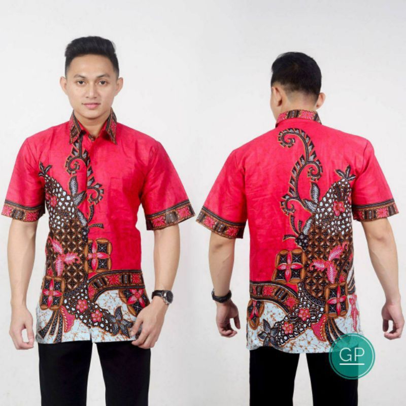 ATASAN KEMEJA HEM BATIK PRIA COWOK LENGAN PENDEK WARNA MERAH KOMBINASI PUTIH FORMAL CASUAL MURAH