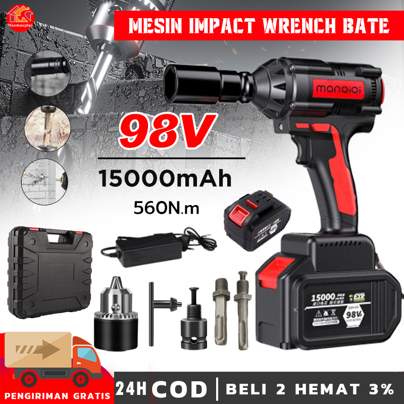 Impact wrench Cordless 98V 560N/M 2 baterai mesin impact buka baut bor impact baterai inpek pembuka 