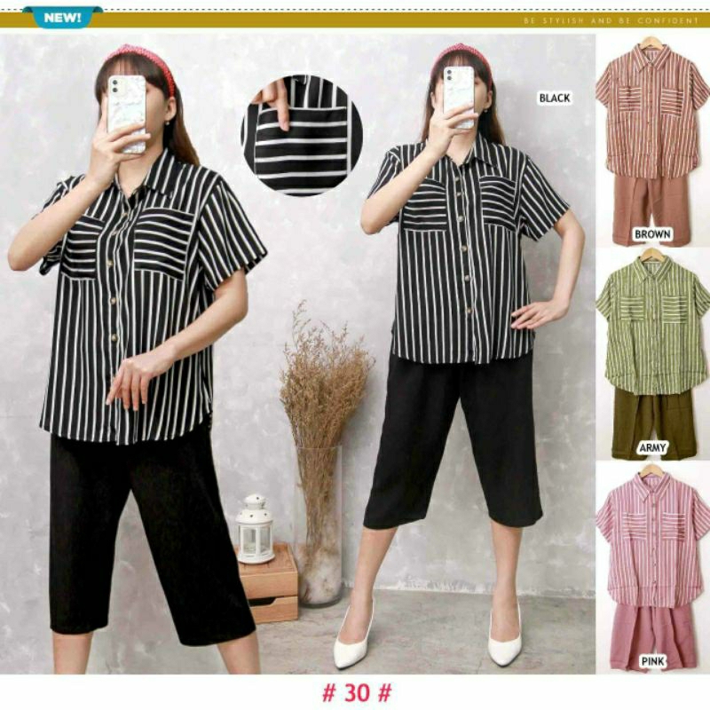 setelan kemeja wanita katun rayon twill motif garis-garis
