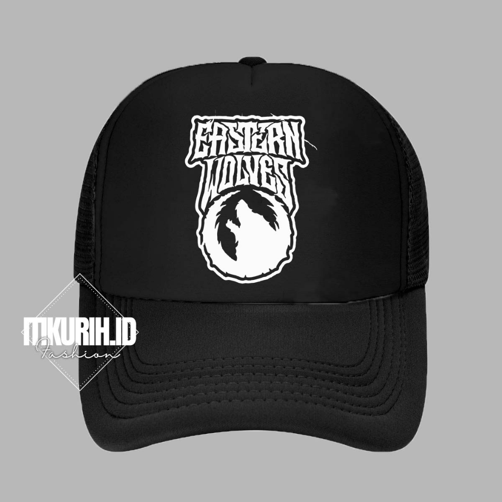 Topi Jaring Topi Jala Trucker Distro Sablon EASTERN WOLVES Full Hitam Kualitas Premium Topi Snapback